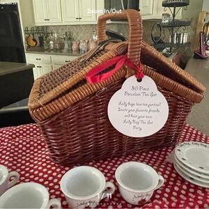 Wicker Tea Set Basket with Red Accents
